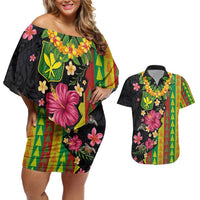 Hawaiian Independence Day Couples Matching Off Shoulder Short Dress and Hawaiian Shirt Kanaka Maoli Symbols With Tapa Motifs and Tropical Plants - Polynesian Pride