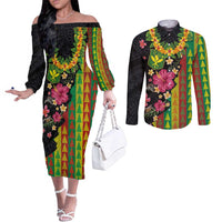 Hawaiian Independence Day Couples Matching Off The Shoulder Long Sleeve Dress and Long Sleeve Button Shirt Kanaka Maoli Symbols With Tapa Motifs and Tropical Plants - Polynesian Pride