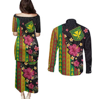 Hawaiian Independence Day Couples Matching Puletasi and Long Sleeve Button Shirt Kanaka Maoli Symbols With Tapa Motifs and Tropical Plants - Polynesian Pride