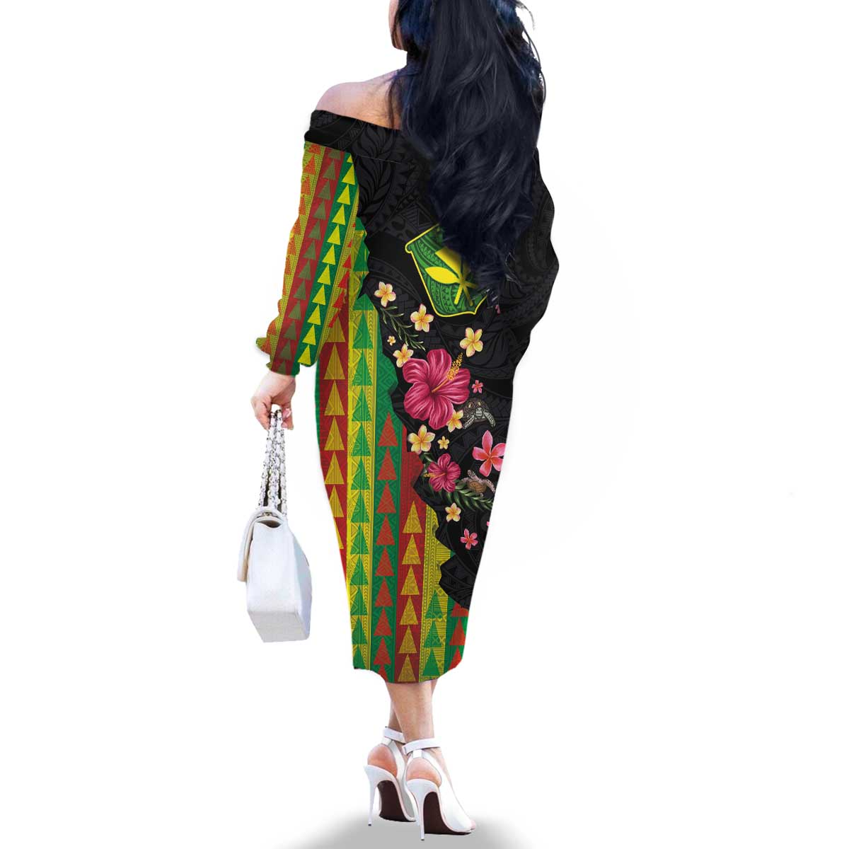 Hawaiian Independence Day Family Matching Off The Shoulder Long Sleeve Dress and Hawaiian Shirt Kanaka Maoli Symbols With Tapa Motifs and Tropical Plants - Polynesian Pride