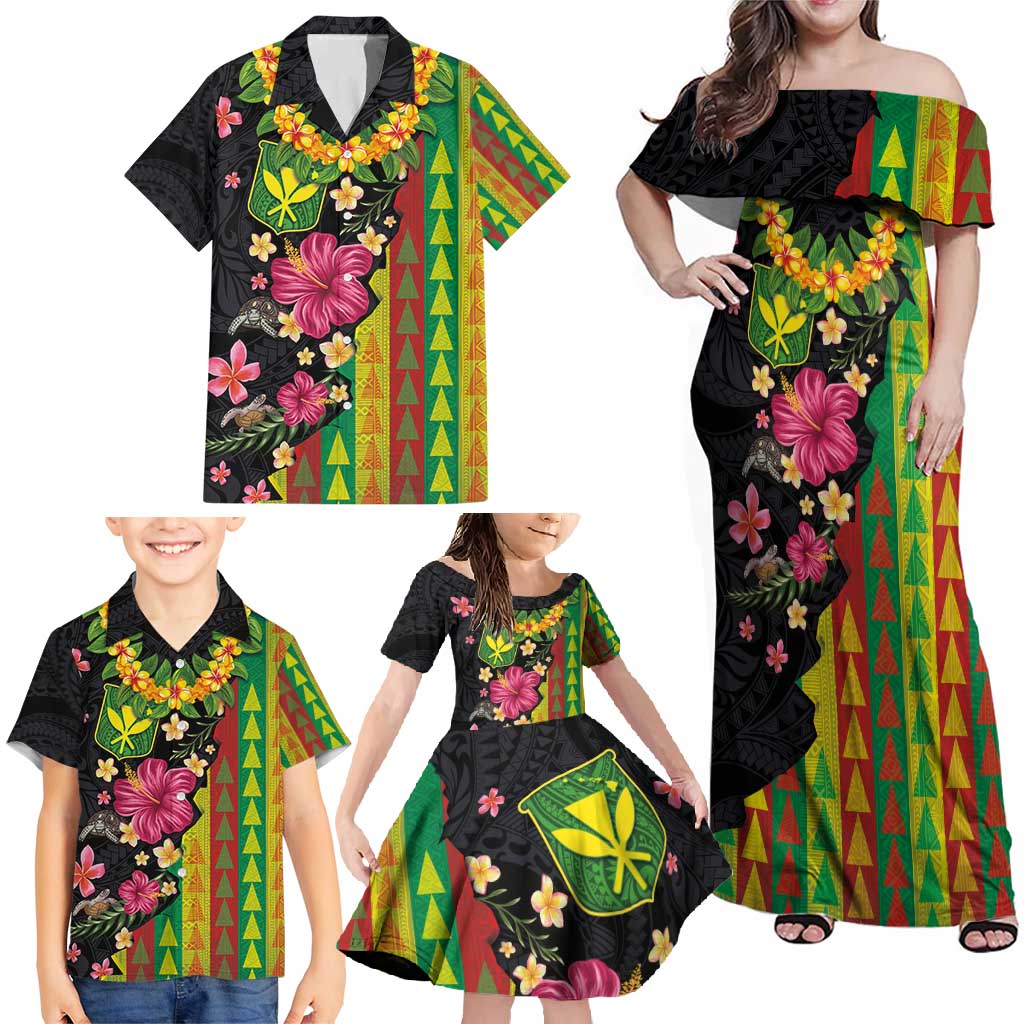 Hawaiian Independence Day Family Matching Off Shoulder Maxi Dress and Hawaiian Shirt Kanaka Maoli Symbols With Tapa Motifs and Tropical Plants - Polynesian Pride