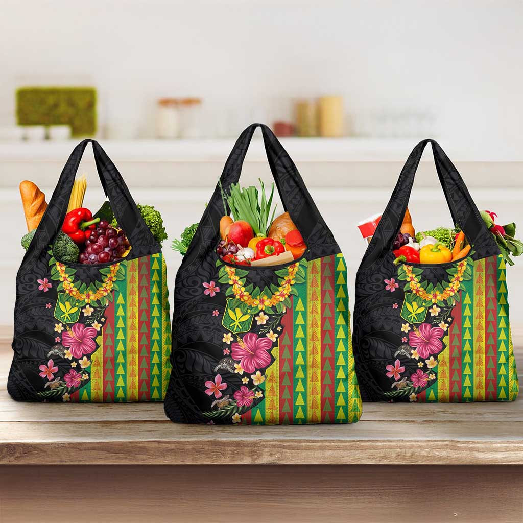 Hawaiian Independence Day Grocery Bag Kanaka Maoli Symbols With Tapa Motifs and Tropical Plants - Polynesian Pride