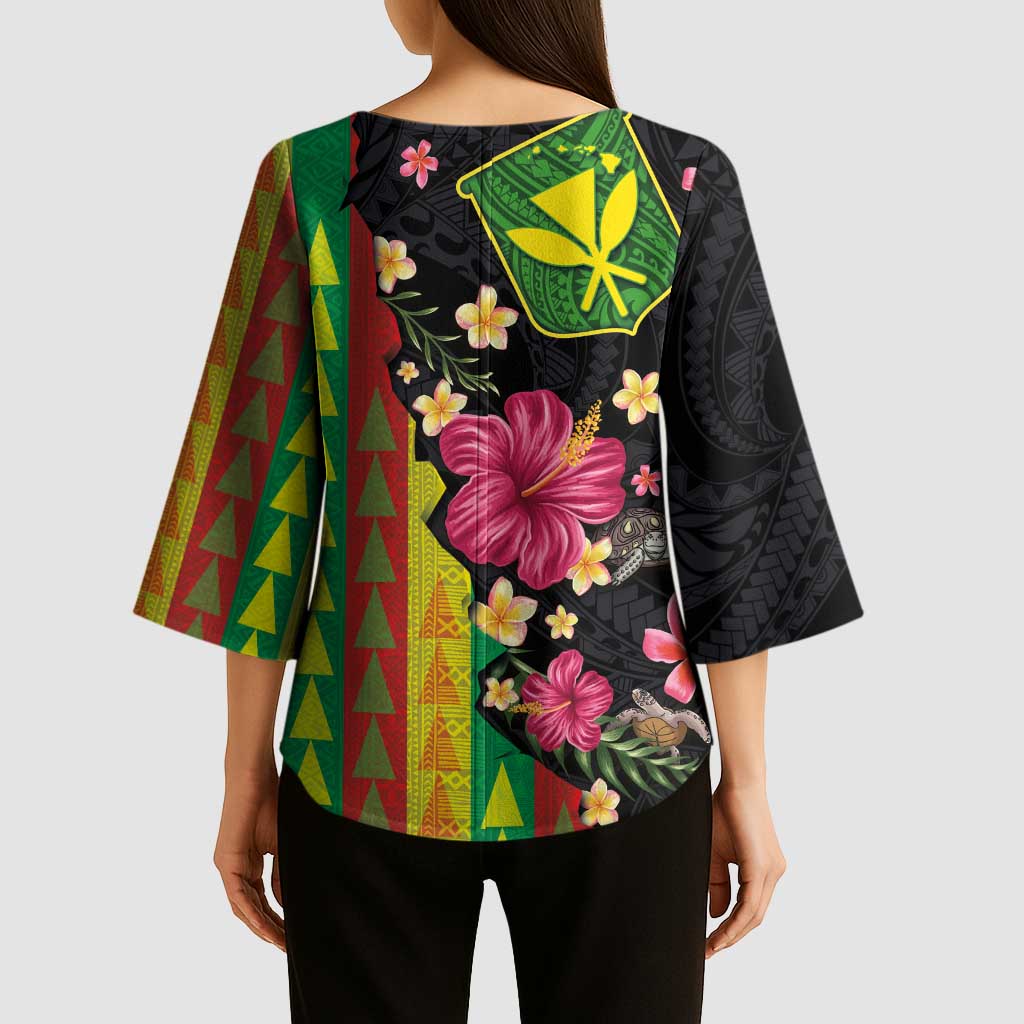 Hawaiian Independence Day Kimono Sleeve Blouse Kanaka Maoli Symbols With Tapa Motifs and Tropical Plants - Polynesian Pride