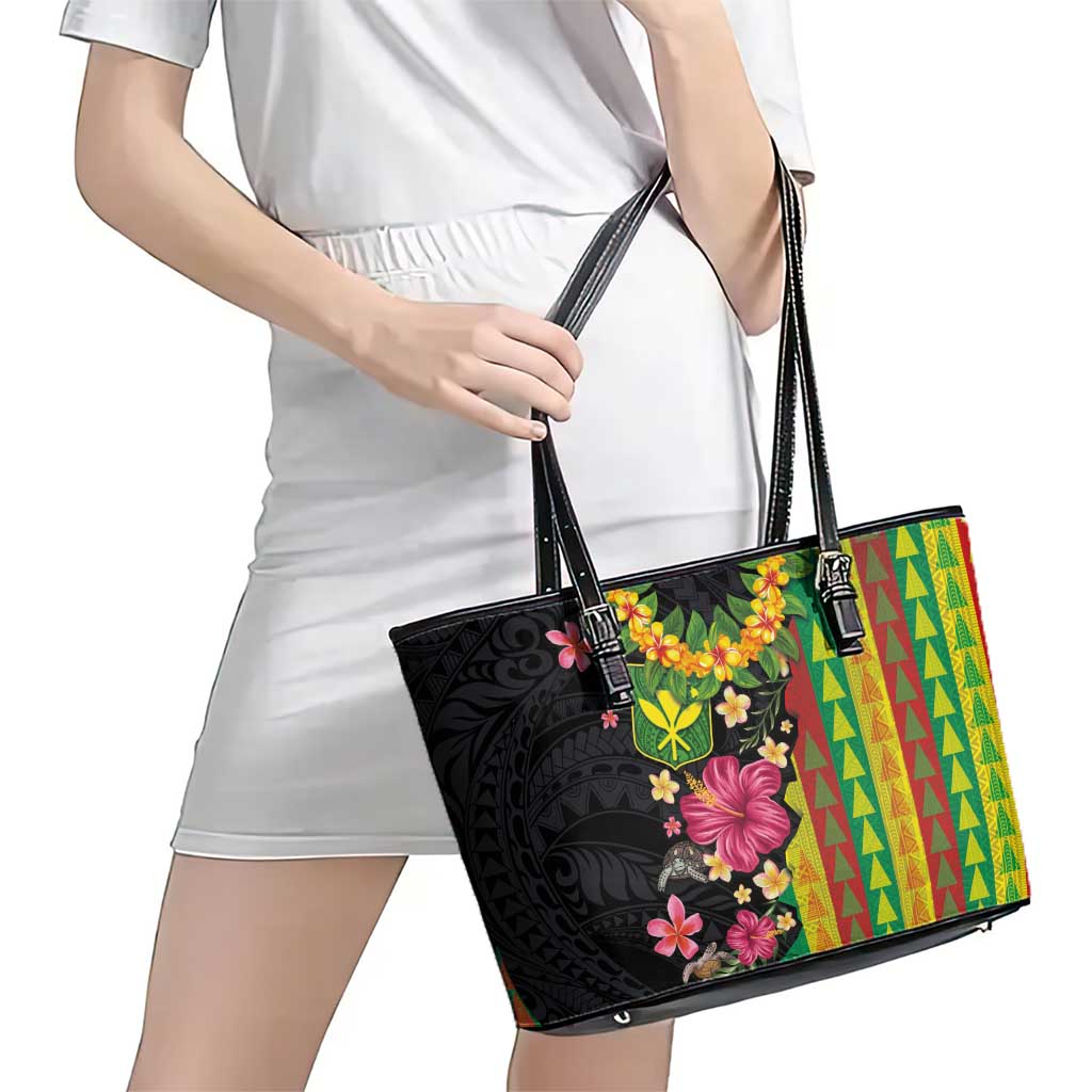 Hawaiian Independence Day Leather Tote Bag Kanaka Maoli Symbols With Tapa Motifs and Tropical Plants - Polynesian Pride