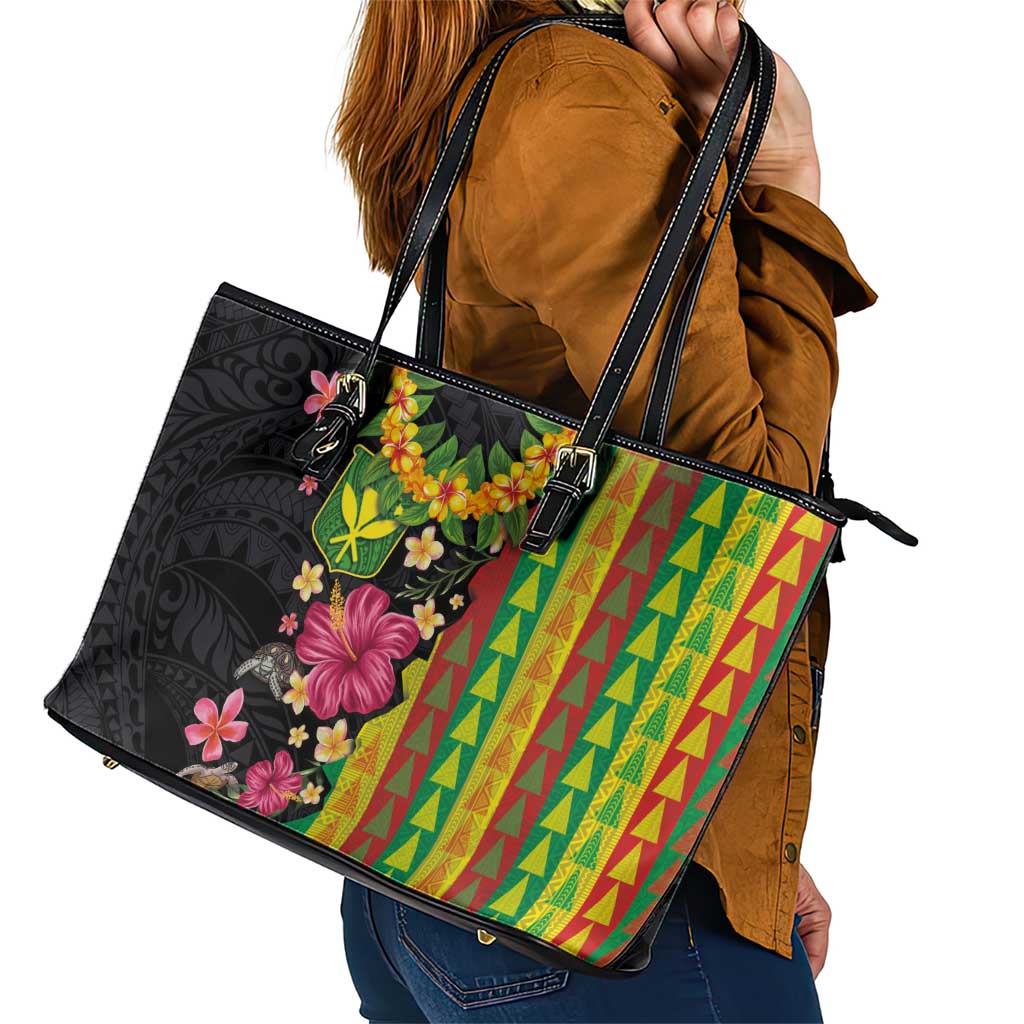 Hawaiian Independence Day Leather Tote Bag Kanaka Maoli Symbols With Tapa Motifs and Tropical Plants - Polynesian Pride