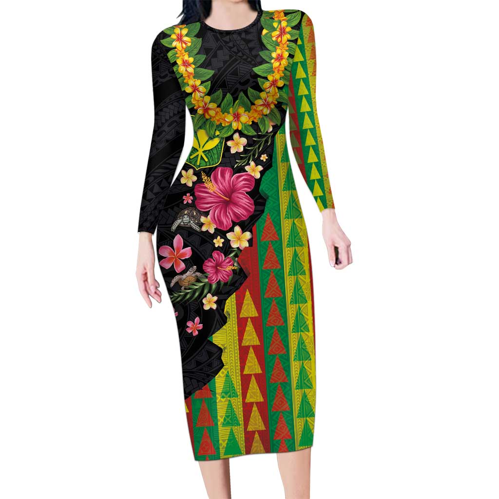 Hawaiian Independence Day Long Sleeve Bodycon Dress Kanaka Maoli Symbols With Tapa Motifs and Tropical Plants - Polynesian Pride