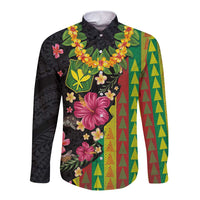 Hawaiian Independence Day Long Sleeve Button Shirt Kanaka Maoli Symbols With Tapa Motifs and Tropical Plants - Polynesian Pride