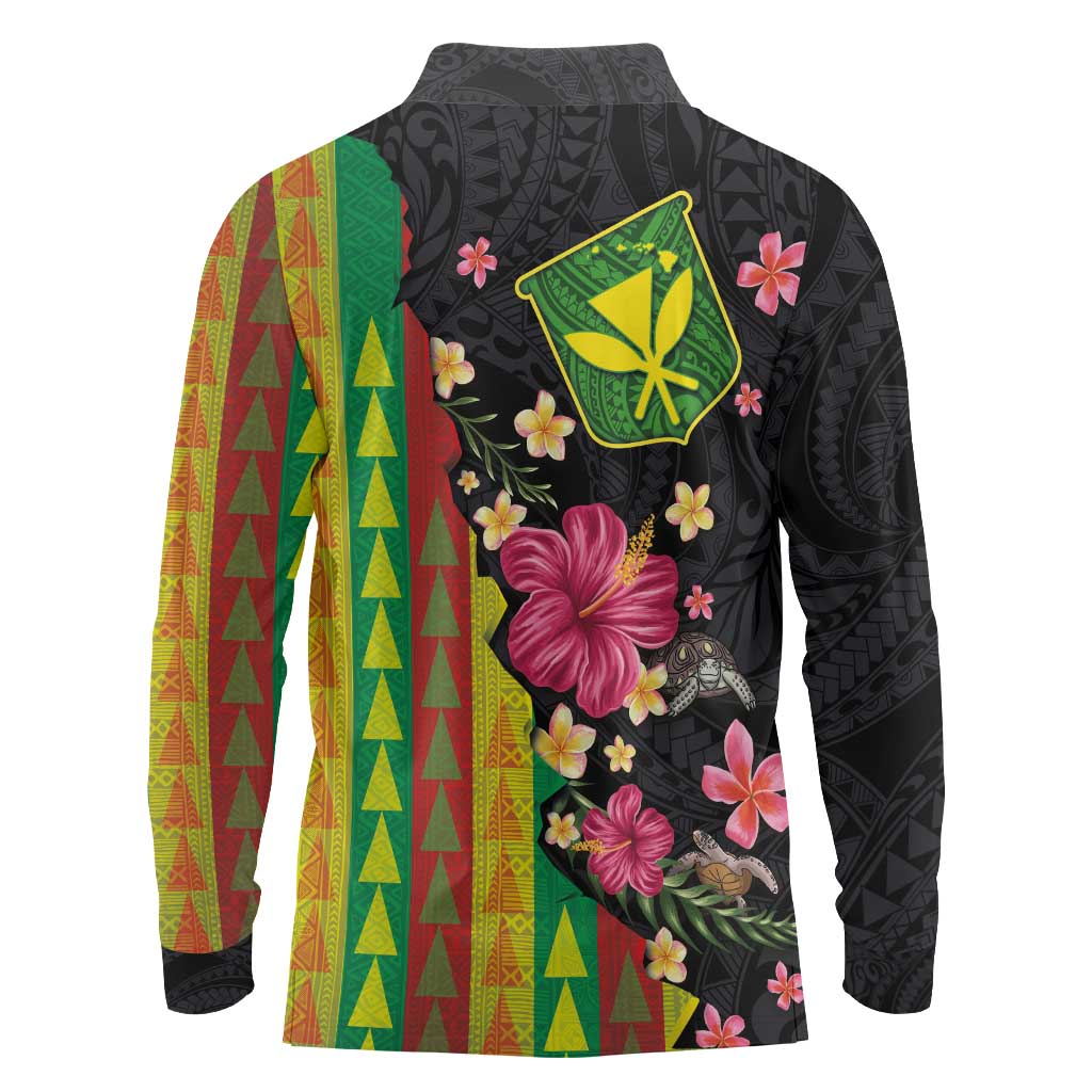 Hawaiian Independence Day Long Sleeve Polo Shirt Kanaka Maoli Symbols With Tapa Motifs and Tropical Plants - Polynesian Pride