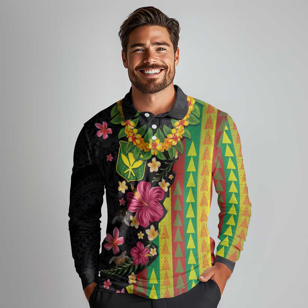 Hawaiian Independence Day Long Sleeve Polo Shirt Kanaka Maoli Symbols With Tapa Motifs and Tropical Plants - Polynesian Pride