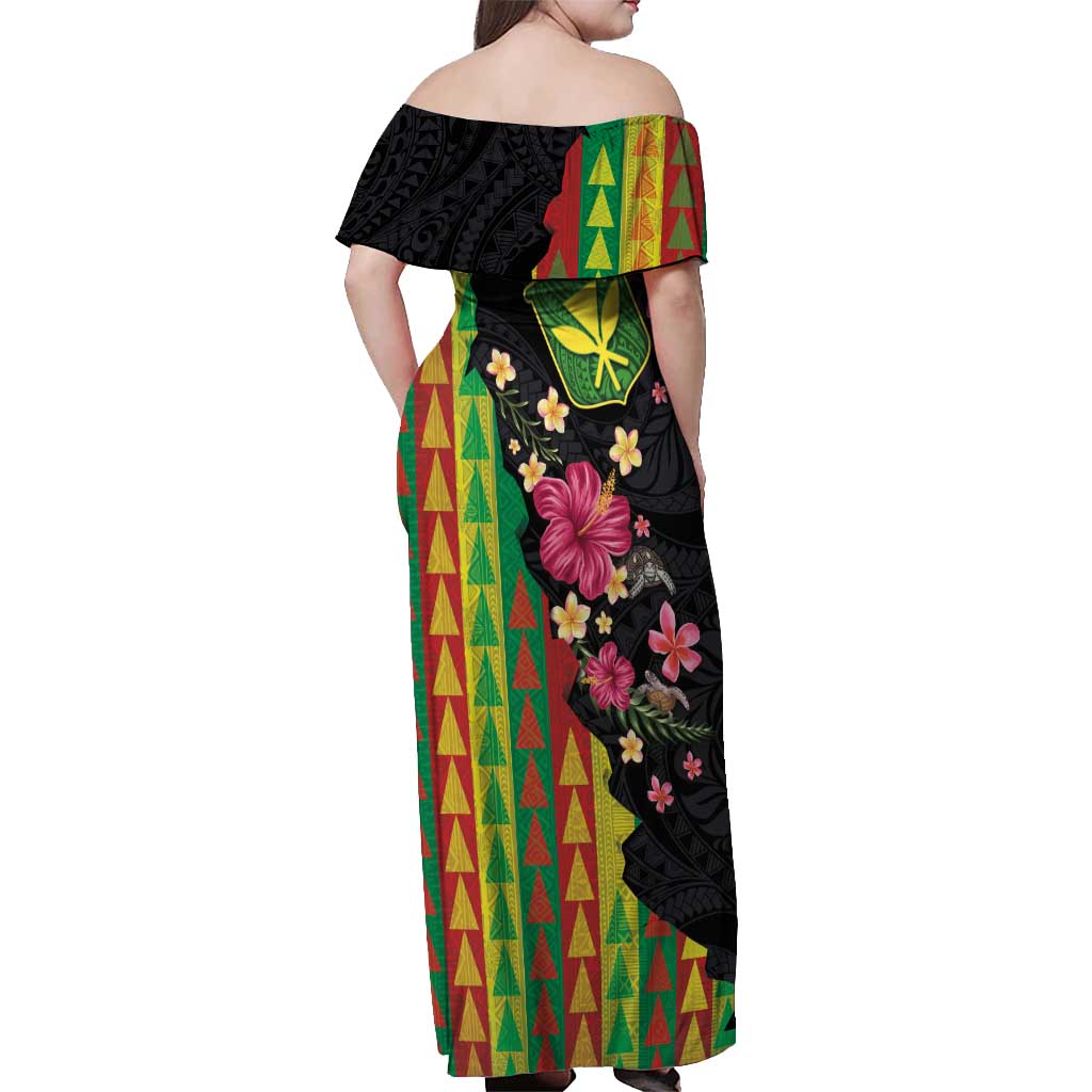 Hawaiian Independence Day Off Shoulder Maxi Dress Kanaka Maoli Symbols With Tapa Motifs and Tropical Plants - Polynesian Pride