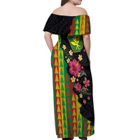 Hawaiian Independence Day Off Shoulder Maxi Dress Kanaka Maoli Symbols With Tapa Motifs and Tropical Plants - Polynesian Pride
