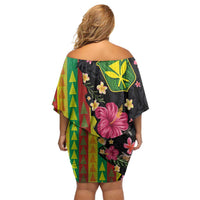 Hawaiian Independence Day Off Shoulder Short Dress Kanaka Maoli Symbols With Tapa Motifs and Tropical Plants - Polynesian Pride