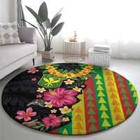 Hawaiian Independence Day Round Carpet Kanaka Maoli Symbols With Tapa Motifs and Tropical Plants - Polynesian Pride
