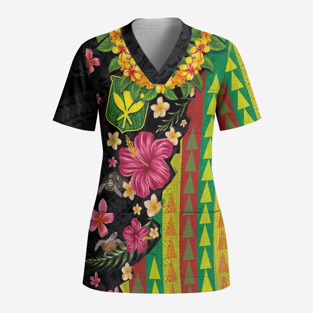 Hawaiian Independence Day Scrub Top Kanaka Maoli Symbols With Tapa Motifs and Tropical Plants - Polynesian Pride