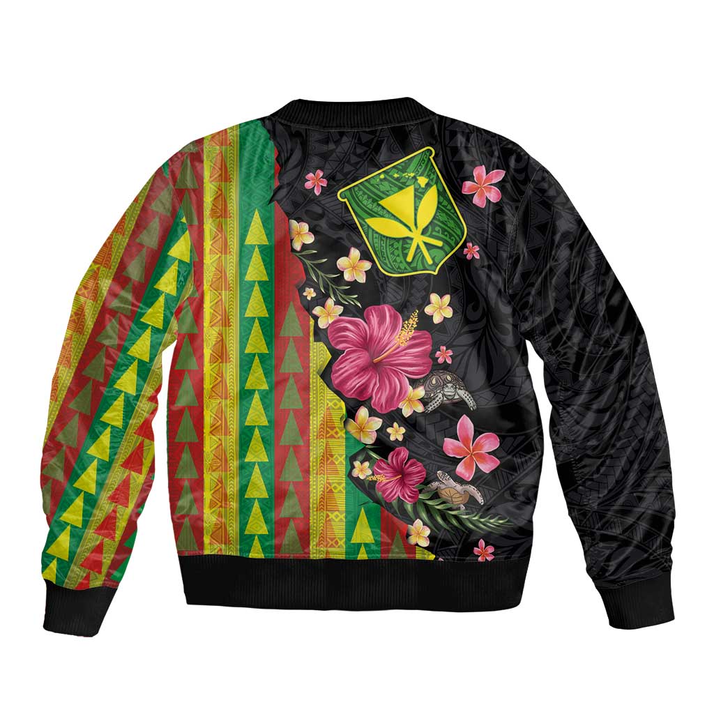 Hawaiian Independence Day Sleeve Zip Bomber Jacket Kanaka Maoli Symbols With Tapa Motifs and Tropical Plants - Polynesian Pride