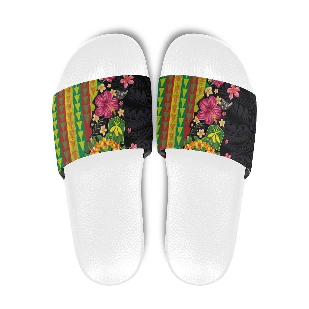 Hawaiian Independence Day Slide Sandals Kanaka Maoli Symbols With Tapa Motifs and Tropical Plants - Polynesian Pride