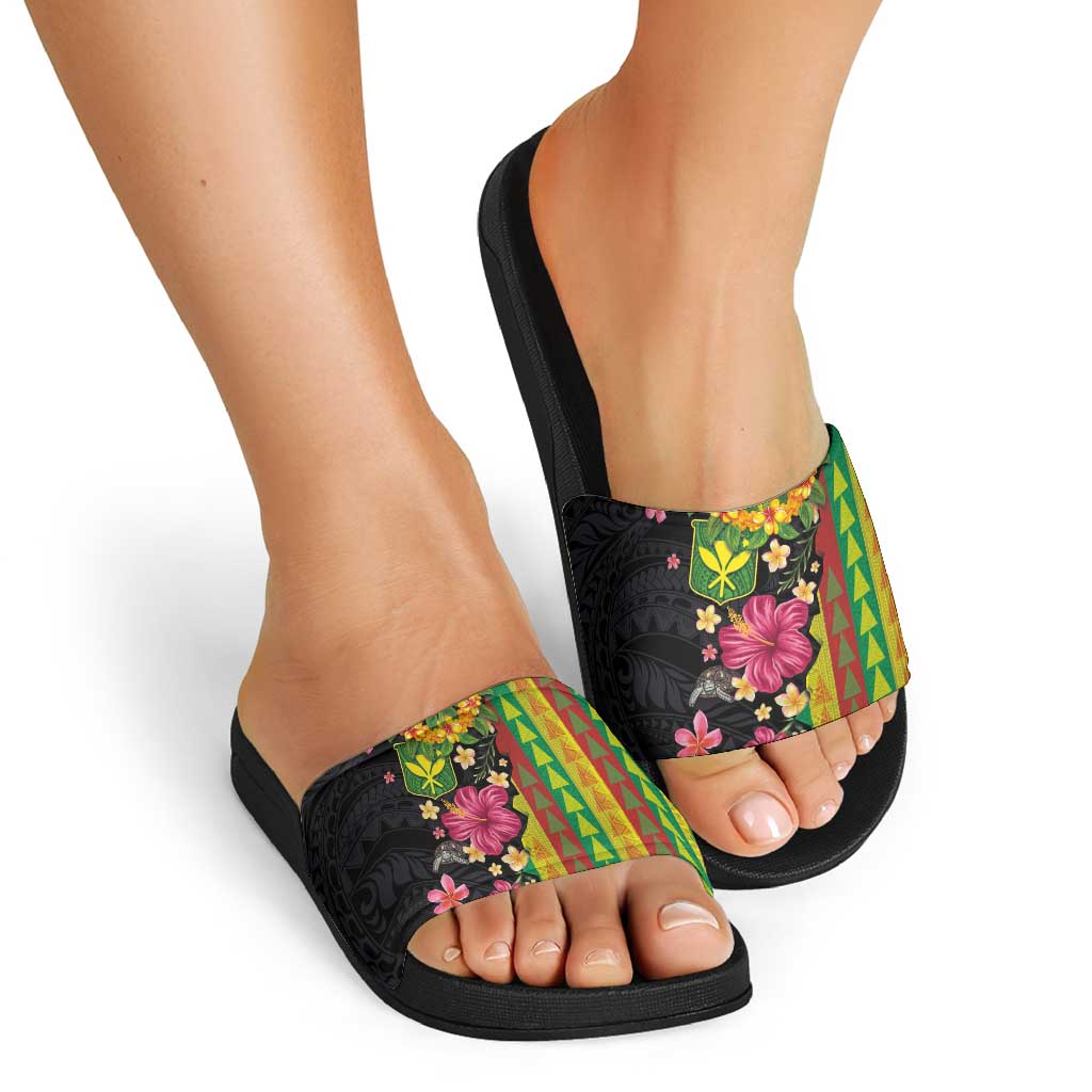 Hawaiian Independence Day Slide Sandals Kanaka Maoli Symbols With Tapa Motifs and Tropical Plants - Polynesian Pride