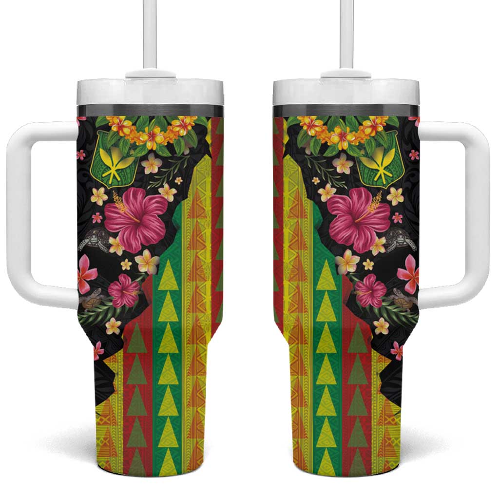 Hawaiian Independence Day Tumbler With Handle Kanaka Maoli Symbols With Tapa Motifs and Tropical Plants - Polynesian Pride