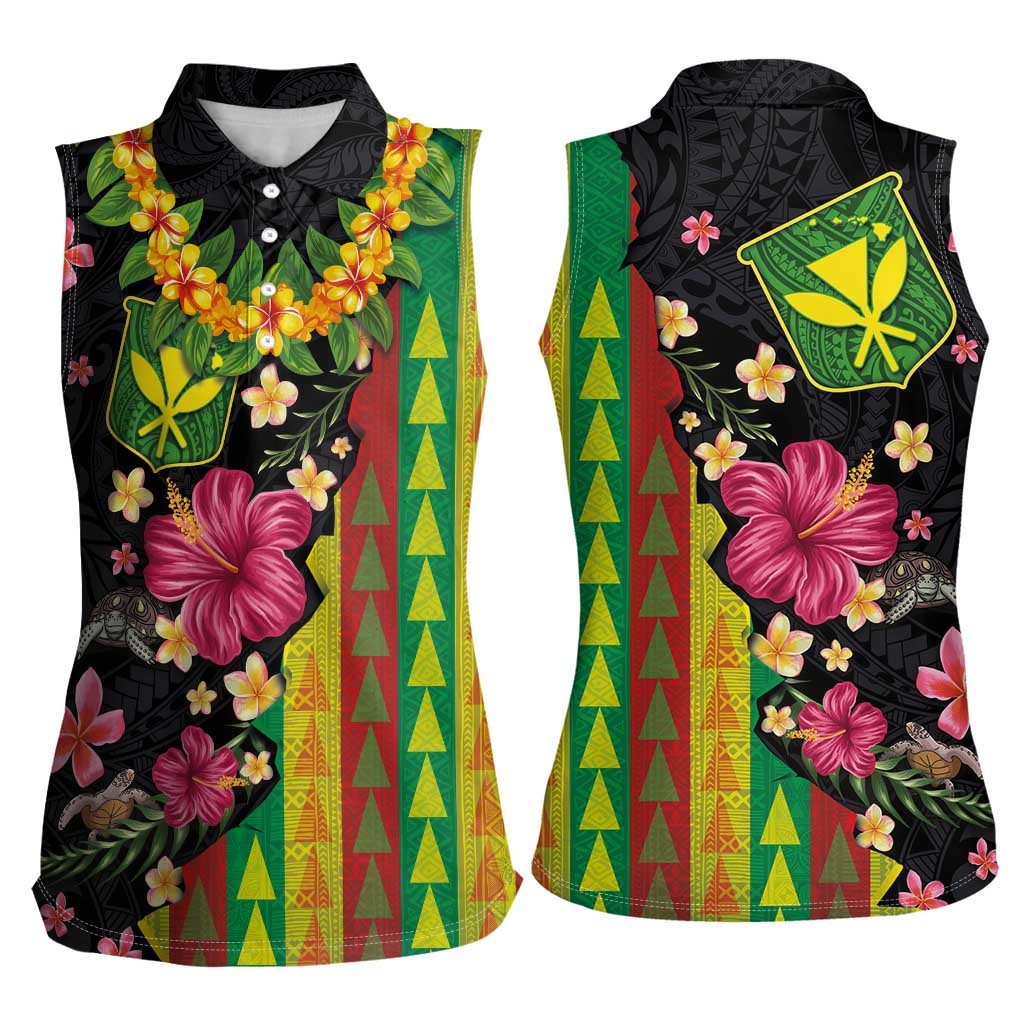 Hawaiian Independence Day Women Sleeveless Polo Shirt Kanaka Maoli Symbols With Tapa Motifs and Tropical Plants - Polynesian Pride