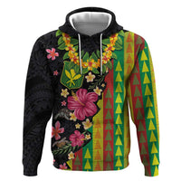 Hawaiian Independence Day Zip Hoodie Kanaka Maoli Symbols With Tapa Motifs and Tropical Plants - Polynesian Pride