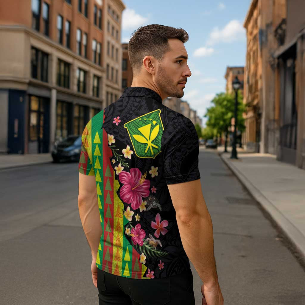 Hawaiian Independence Day Zipper Polo Shirt Kanaka Maoli Symbols With Tapa Motifs and Tropical Plants - Polynesian Pride