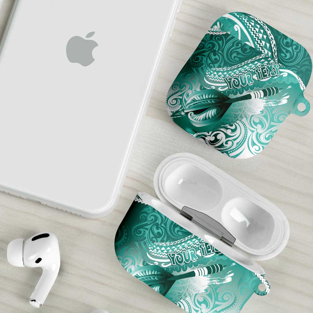 Personalised New Zealand Aotearoa Darts Masters AirPods Case Maori Art Tattoo with Tribal Dart Symbol Teal Color - Polynesian Pride