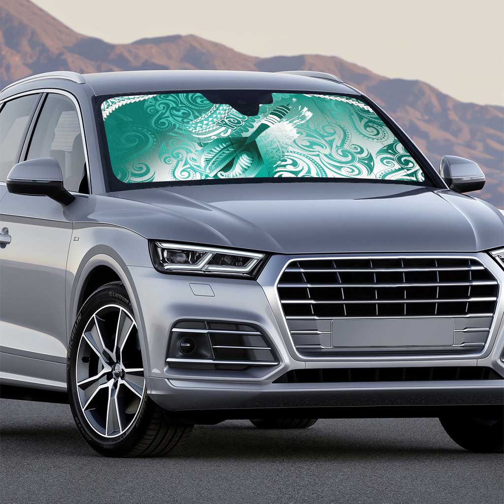 Personalised New Zealand Aotearoa Darts Masters Auto Sun Shade Maori Art Tattoo with Tribal Dart Symbol Teal Color - Polynesian Pride