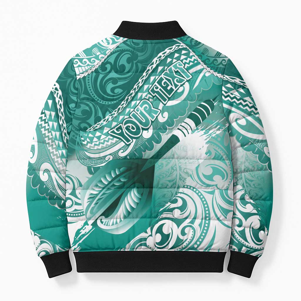 Personalised New Zealand Aotearoa Darts Masters Bomber Puffer Jacket Maori Art Tattoo with Tribal Dart Symbol Teal Color - Polynesian Pride