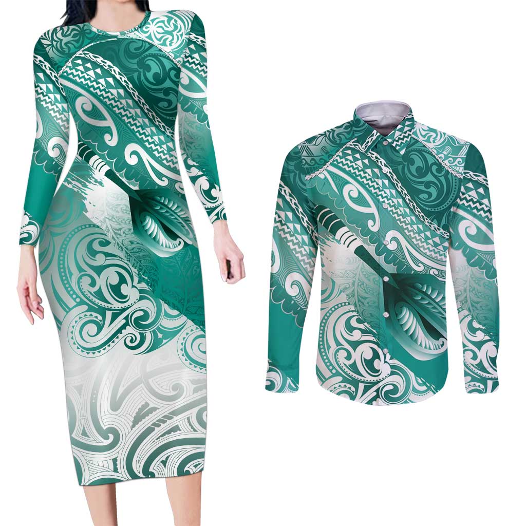 Personalised New Zealand Aotearoa Darts Masters Couples Matching Long Sleeve Bodycon Dress and Long Sleeve Button Shirt Maori Art Tattoo with Tribal Dart Symbol Teal Color - Polynesian Pride