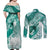 Personalised New Zealand Aotearoa Darts Masters Couples Matching Off Shoulder Maxi Dress and Long Sleeve Button Shirt Maori Art Tattoo with Tribal Dart Symbol Teal Color - Polynesian Pride