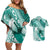 Personalised New Zealand Aotearoa Darts Masters Couples Matching Off Shoulder Short Dress and Hawaiian Shirt Maori Art Tattoo with Tribal Dart Symbol Teal Color - Polynesian Pride