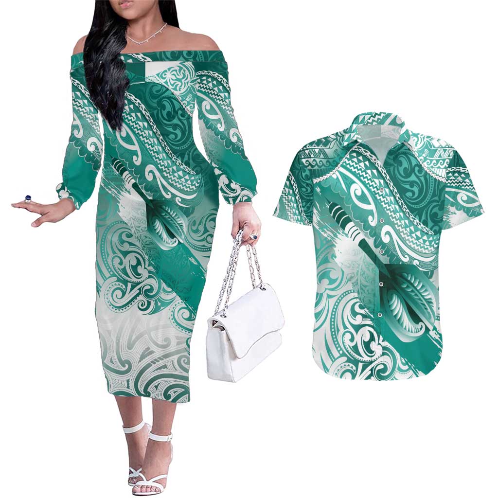 Personalised New Zealand Aotearoa Darts Masters Couples Matching Off The Shoulder Long Sleeve Dress and Hawaiian Shirt Maori Art Tattoo with Tribal Dart Symbol Teal Color - Polynesian Pride