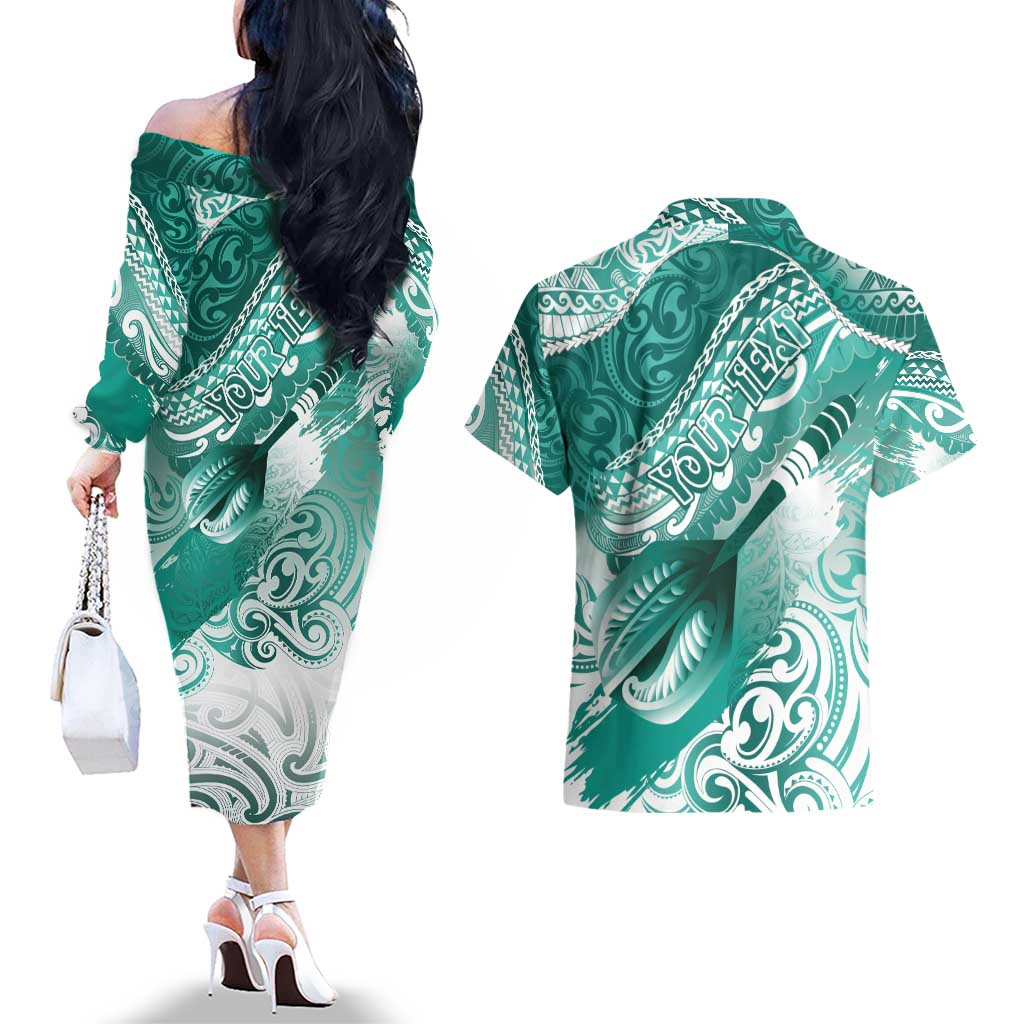 Personalised New Zealand Aotearoa Darts Masters Couples Matching Off The Shoulder Long Sleeve Dress and Hawaiian Shirt Maori Art Tattoo with Tribal Dart Symbol Teal Color - Polynesian Pride