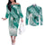 Personalised New Zealand Aotearoa Darts Masters Couples Matching Off The Shoulder Long Sleeve Dress and Long Sleeve Button Shirt Maori Art Tattoo with Tribal Dart Symbol Teal Color - Polynesian Pride