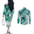 Personalised New Zealand Aotearoa Darts Masters Couples Matching Off The Shoulder Long Sleeve Dress and Long Sleeve Button Shirt Maori Art Tattoo with Tribal Dart Symbol Teal Color - Polynesian Pride