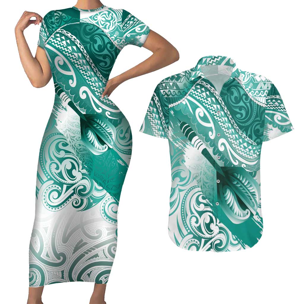 Personalised New Zealand Aotearoa Darts Masters Couples Matching Short Sleeve Bodycon Dress and Hawaiian Shirt Maori Art Tattoo with Tribal Dart Symbol Teal Color - Polynesian Pride