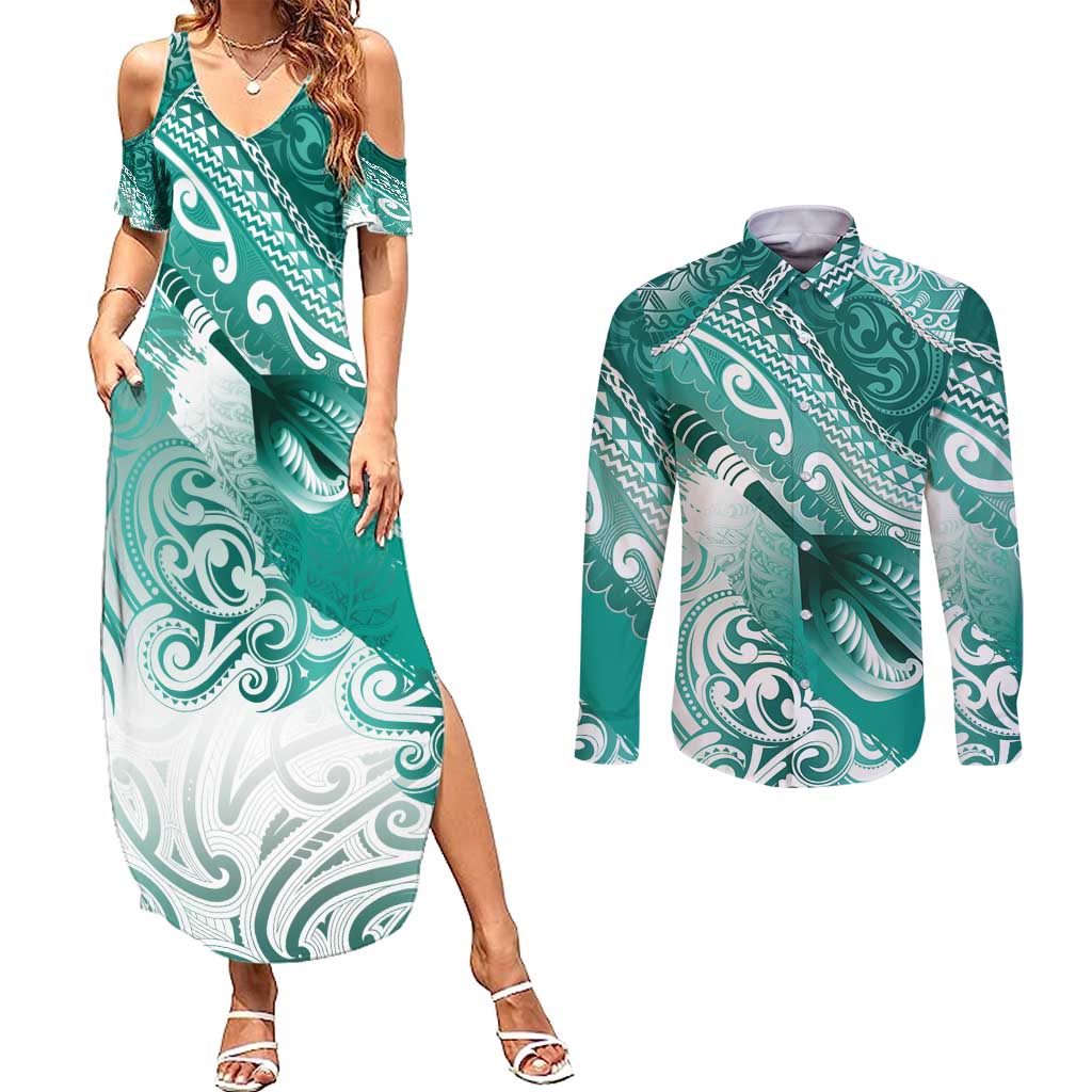 Personalised New Zealand Aotearoa Darts Masters Couples Matching Summer Maxi Dress and Long Sleeve Button Shirt Maori Art Tattoo with Tribal Dart Symbol Teal Color - Polynesian Pride