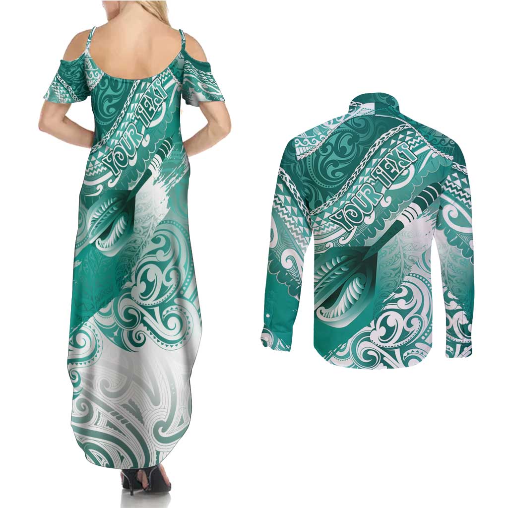 Personalised New Zealand Aotearoa Darts Masters Couples Matching Summer Maxi Dress and Long Sleeve Button Shirt Maori Art Tattoo with Tribal Dart Symbol Teal Color - Polynesian Pride
