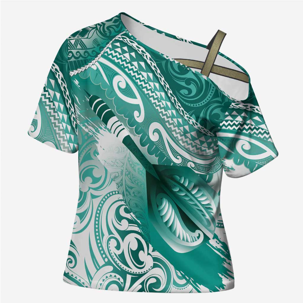 Personalised New Zealand Aotearoa Darts Masters Cross Shoulder Shirt Maori Art Tattoo with Tribal Dart Symbol Teal Color - Polynesian Pride