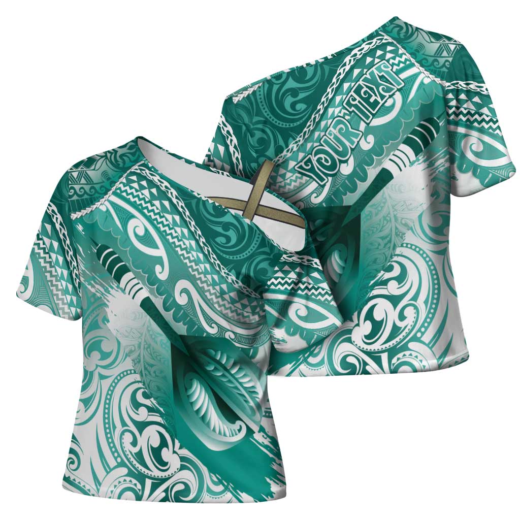 Personalised New Zealand Aotearoa Darts Masters Cross Shoulder Shirt Maori Art Tattoo with Tribal Dart Symbol Teal Color - Polynesian Pride