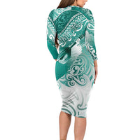 Personalised New Zealand Aotearoa Darts Masters Family Matching Long Sleeve Bodycon Dress and Hawaiian Shirt Maori Art Tattoo with Tribal Dart Symbol Teal Color - Polynesian Pride