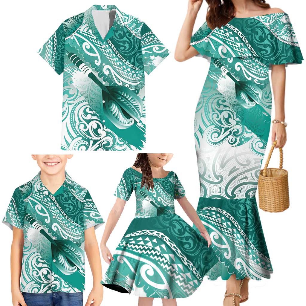 Personalised New Zealand Aotearoa Darts Masters Family Matching Mermaid Dress and Hawaiian Shirt Maori Art Tattoo with Tribal Dart Symbol Teal Color - Polynesian Pride