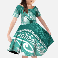 Personalised New Zealand Aotearoa Darts Masters Family Matching Off Shoulder Maxi Dress and Hawaiian Shirt Maori Art Tattoo with Tribal Dart Symbol Teal Color - Polynesian Pride