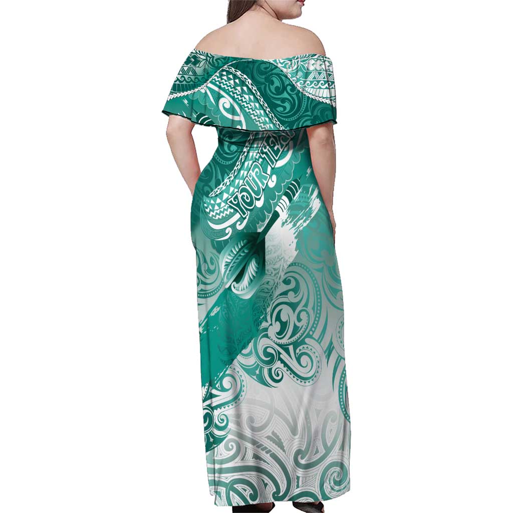 Personalised New Zealand Aotearoa Darts Masters Family Matching Off Shoulder Maxi Dress and Hawaiian Shirt Maori Art Tattoo with Tribal Dart Symbol Teal Color - Polynesian Pride
