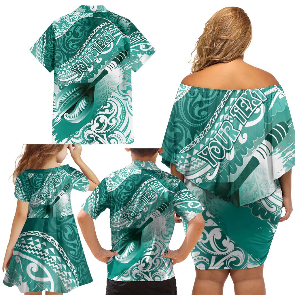 Personalised New Zealand Aotearoa Darts Masters Family Matching Off Shoulder Short Dress and Hawaiian Shirt Maori Art Tattoo with Tribal Dart Symbol Teal Color - Polynesian Pride