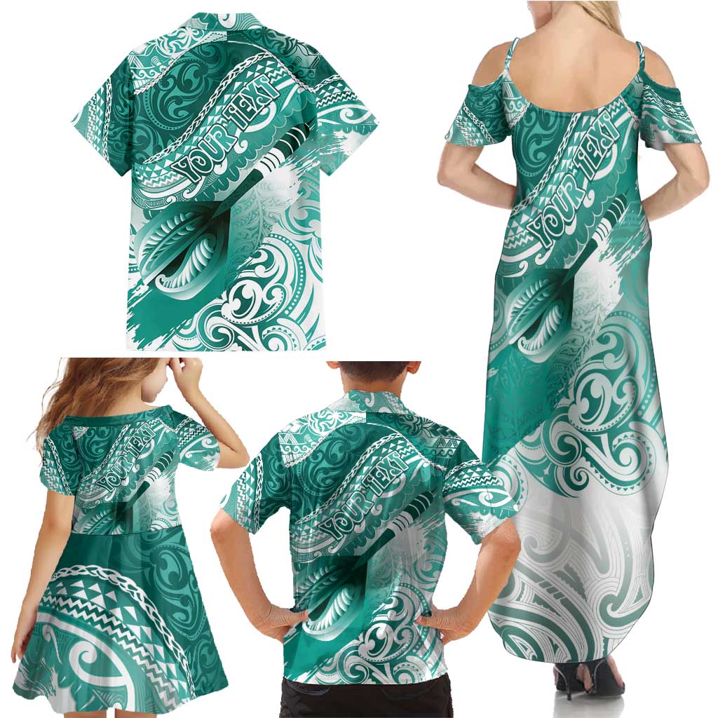 Personalised New Zealand Aotearoa Darts Masters Family Matching Summer Maxi Dress and Hawaiian Shirt Maori Art Tattoo with Tribal Dart Symbol Teal Color - Polynesian Pride