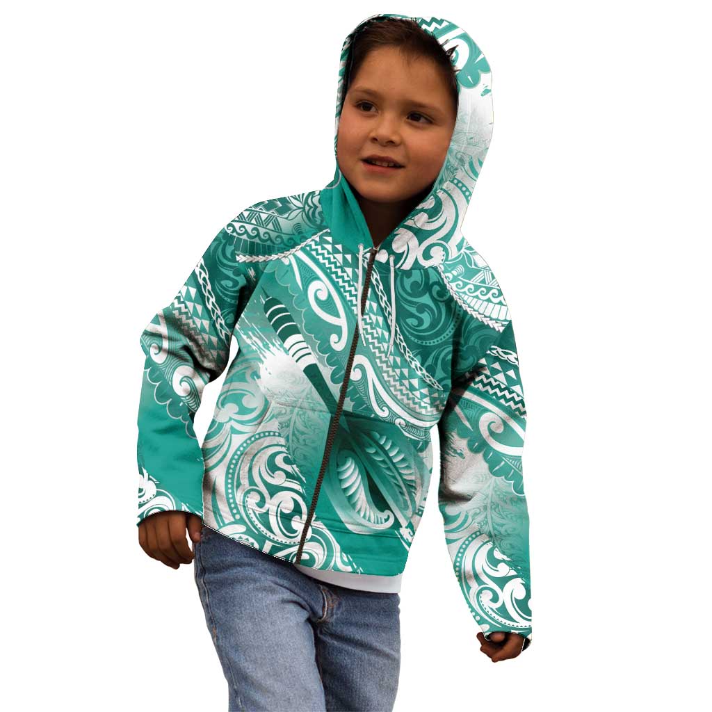 Personalised New Zealand Aotearoa Darts Masters Kid Hoodie Maori Art Tattoo with Tribal Dart Symbol Teal Color - Polynesian Pride