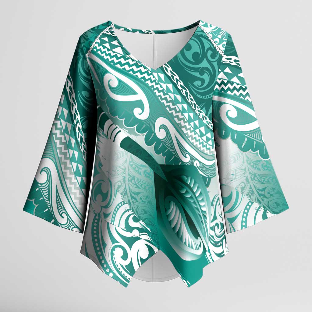 Personalised New Zealand Aotearoa Darts Masters Kimono Sleeve Blouse Maori Art Tattoo with Tribal Dart Symbol Teal Color - Polynesian Pride