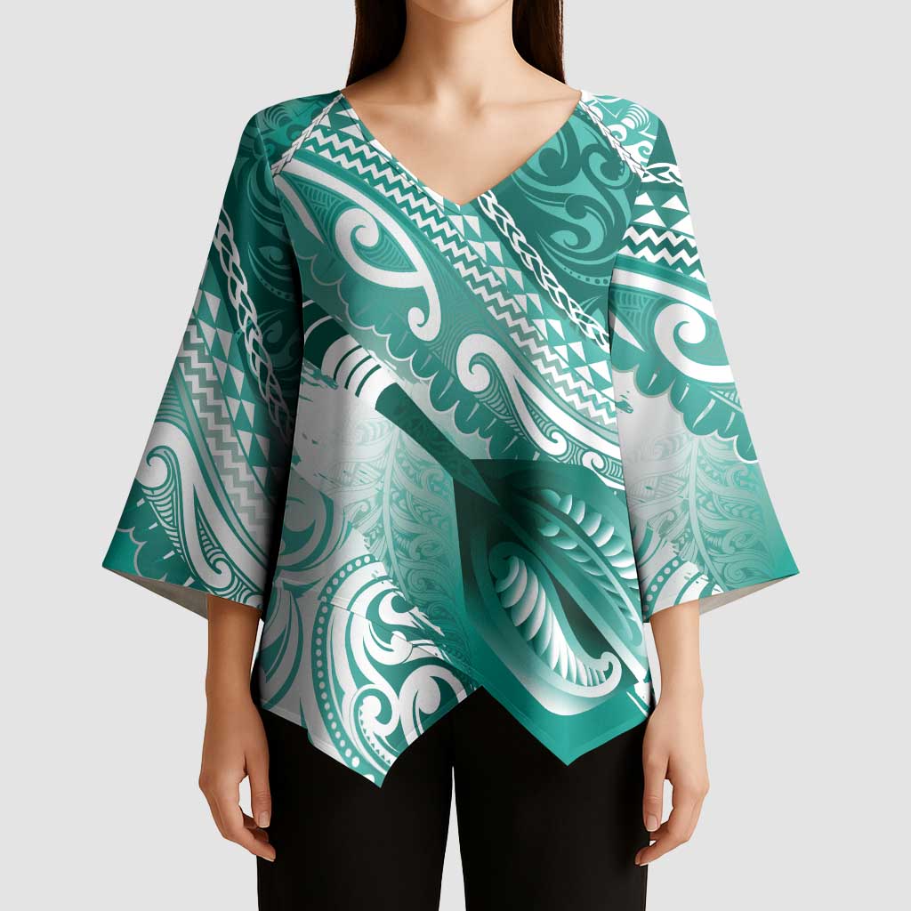Personalised New Zealand Aotearoa Darts Masters Kimono Sleeve Blouse Maori Art Tattoo with Tribal Dart Symbol Teal Color - Polynesian Pride