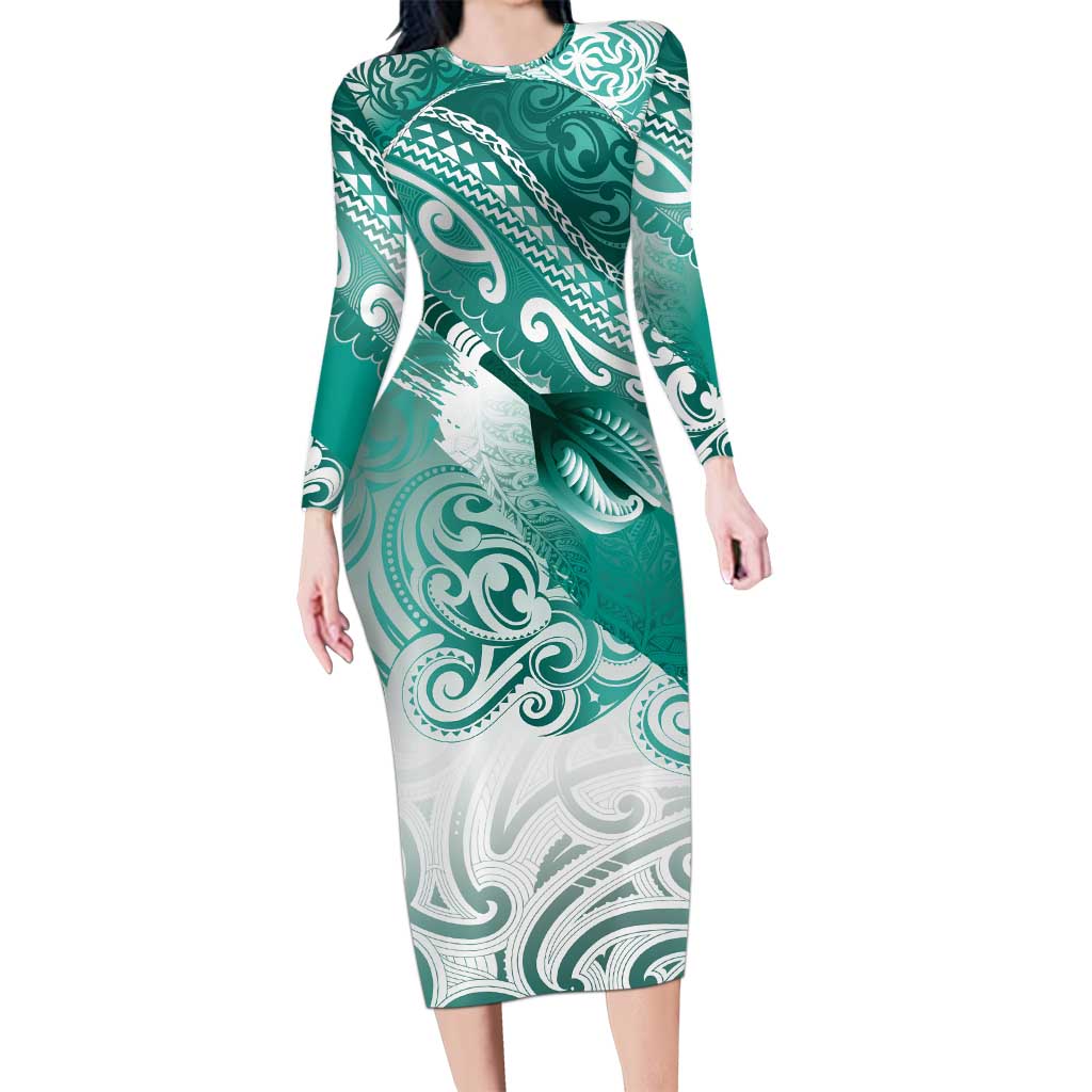 Personalised New Zealand Aotearoa Darts Masters Long Sleeve Bodycon Dress Maori Art Tattoo with Tribal Dart Symbol Teal Color - Polynesian Pride
